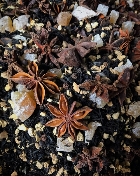 Assam tea, dried ginger, candied ginger, star anise pods and peppercorns make up Shanti Chai & Co's Candied Ginger Chai.