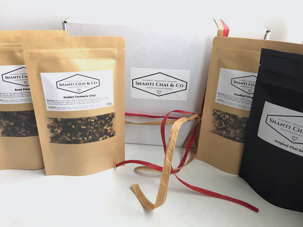 Shanti Chai & Co's four specialty chai: Original Chai Blend, Golden Turmeric Chai, Candied Ginger Chai and Rose Petal Chai