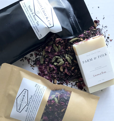 Shanti Chai & Co's "All Rose" Gift Set includes our Nettle & Rose Tea, Rose Petal Chai and Coconut Rose Soap from Farm & Folk.