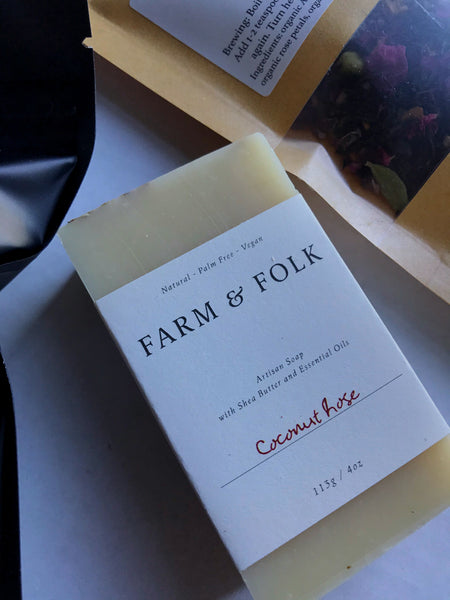 Farm & Folk's Coconut Rose Soap and Shanti Chai & Co's Rose Petal Chai.