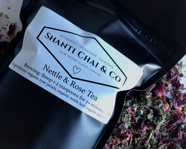 Shanti Chai & Co's Nettle & Rose Blend, a combination of rose petals, nettle leaf and raspberry leaf.