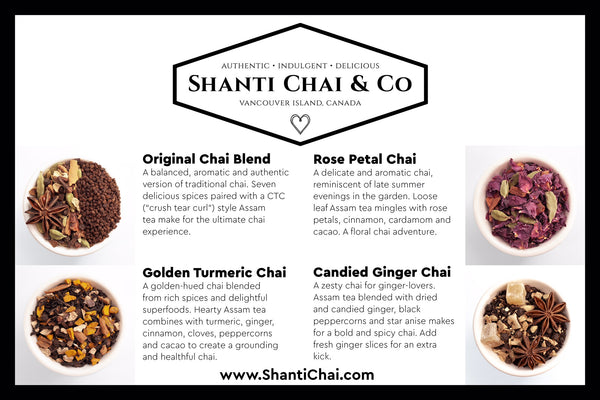A mini guide to Shanti Chai & Co's four specialty chai. Learn what makes each blend special!